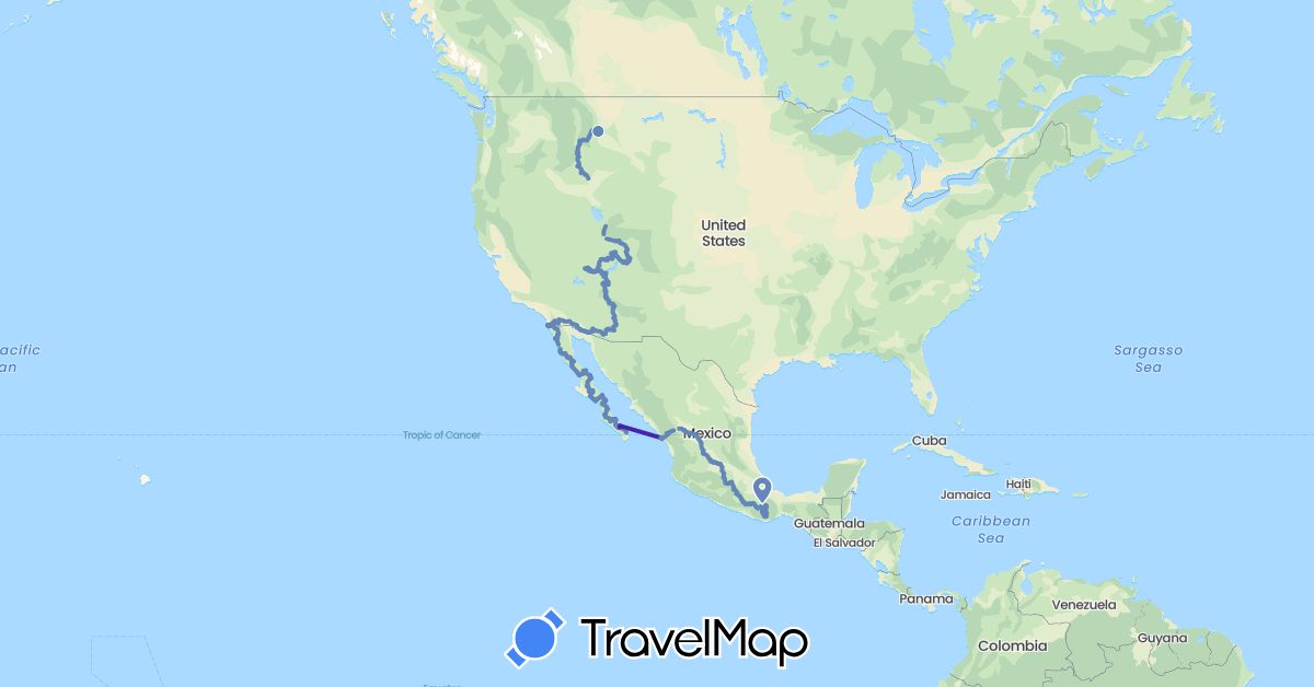 TravelMap itinerary: cycling, hiking, ferry in Mexico (North America)